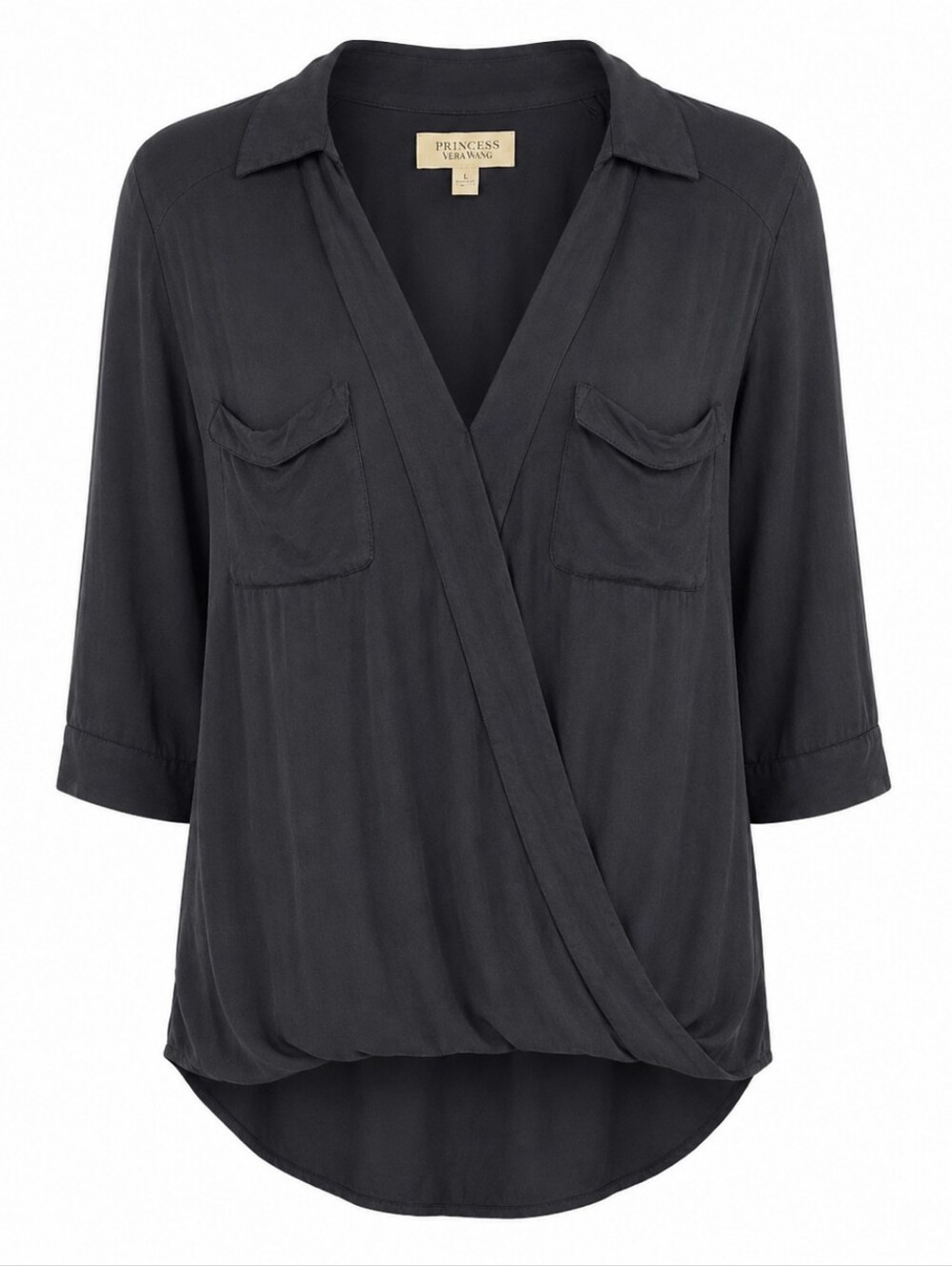PRINCESS VERA WANG | Black Surplice Faux Wrap Draped Blouse Top Chest Pocket | L